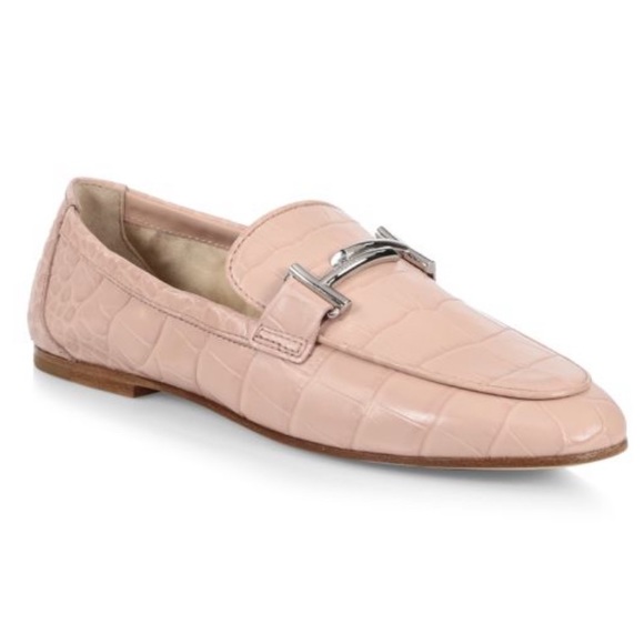 Authentic Tod's Double T Croc-Embossed Leather Loafers in Blush